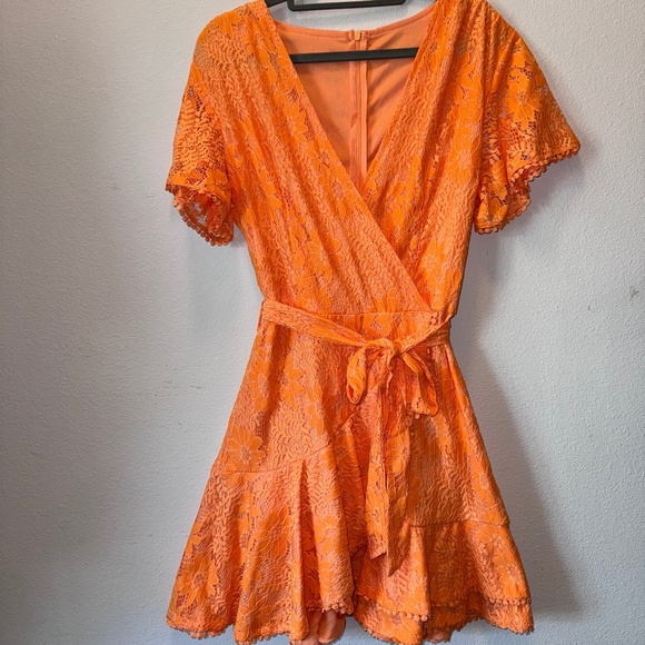 Brand New Orange Lace Wrap Mini Dress | Size Small (US 4-6) - Picture 1 of 4